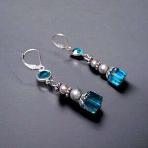 Sterling Silver Drop Earrings Blue Crystal Beads Leverback Closure Dangle Winter